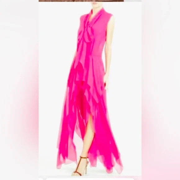 BCBG Basha Begonia Barbie Pink Bow Tie Long Silk Sheer Chiffon Tiered Maxi Dress